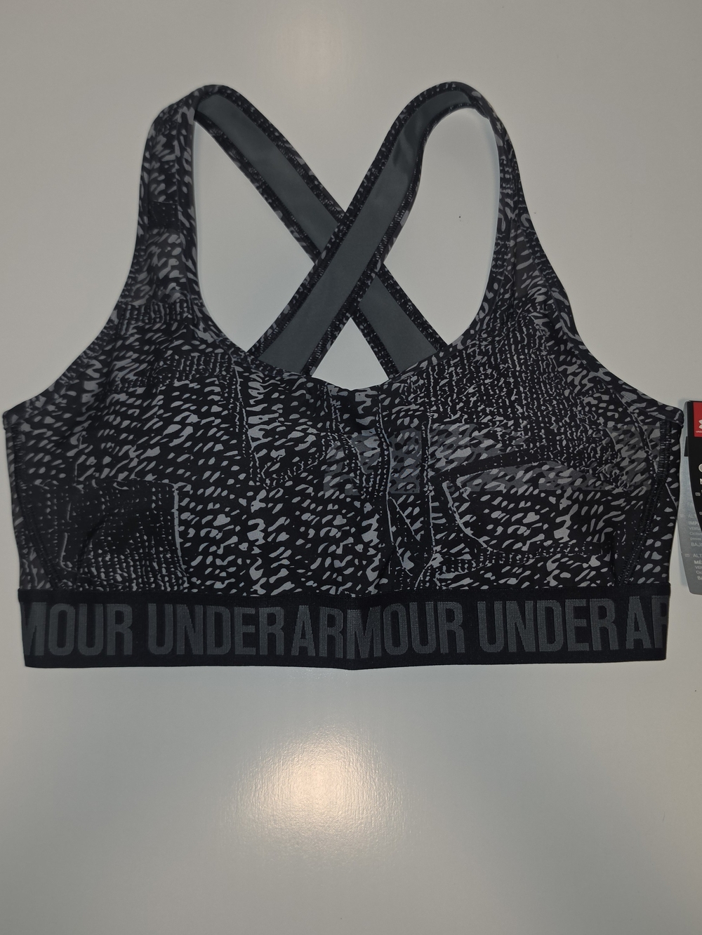 NWT Under Armour Mid-Impact Sports Bra Black Gray Print Logo Band Size L - Picture 3 of 10